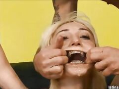 Petite slut Moretta Coxxx throated, DP and gangbanged